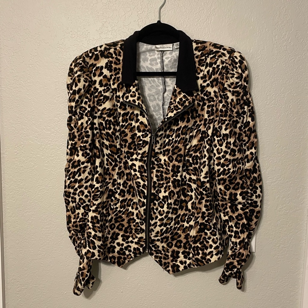 Jean Paul Richard Leopard Print Zip Blazer Black Collar Jacket